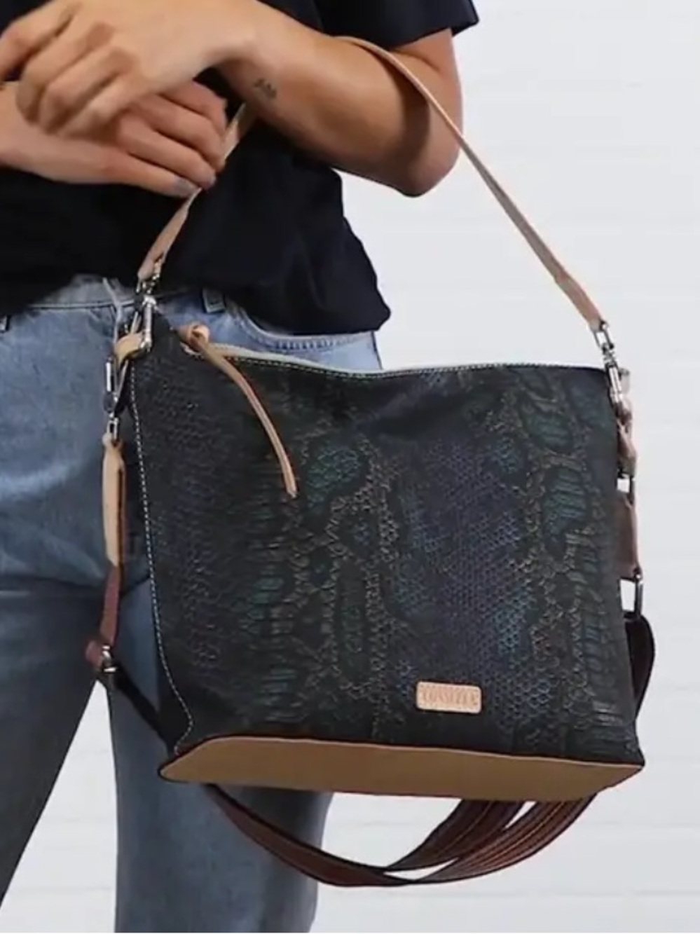 Consuela Rattler Blue Black Snake Leather Hobo Purse Bag with 2 Straps NEW HTF